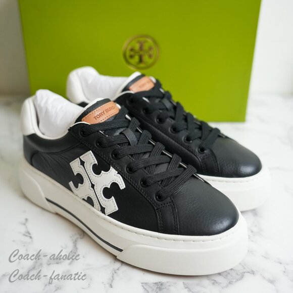 NIB Tory Burch Signature Color Block Platform Leather Sneaker Shoes in Black - Picture 6 of 12